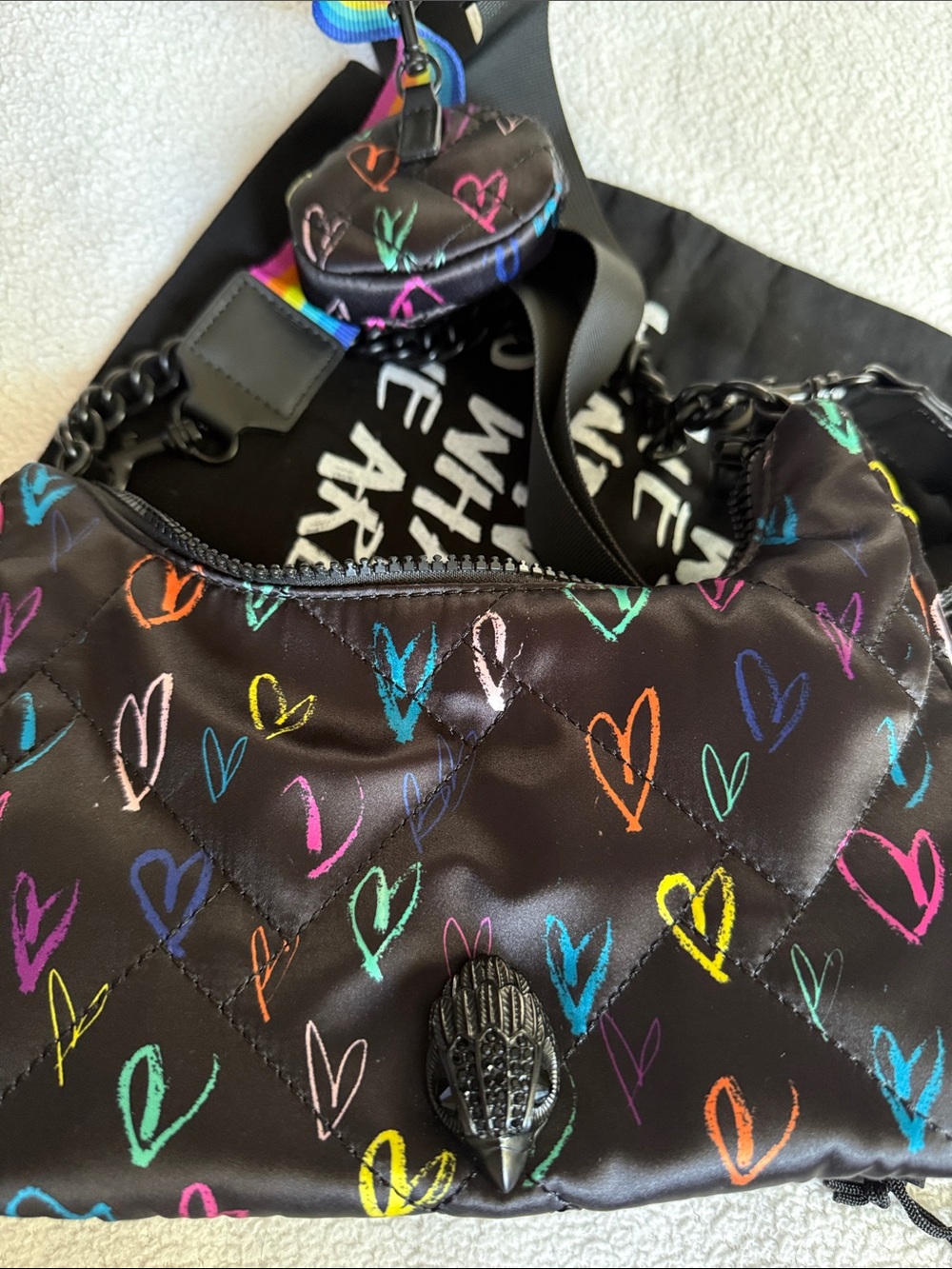 Kurt Geiger Black Quilted Shoulder Bag with Multicolor Heart Print - Picture 6 of 6